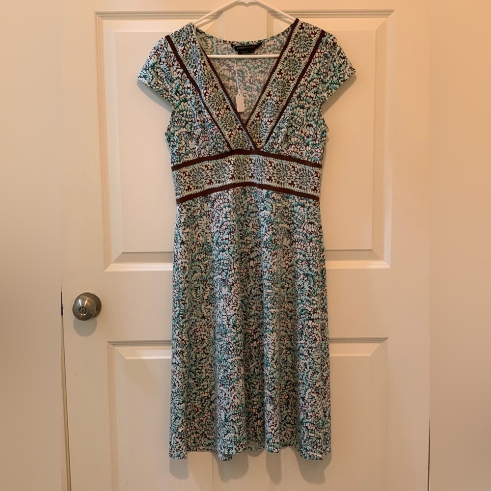 BCBG MaxAzria Elegant Teal and Brown V-Neck Dress.   Size-Medium